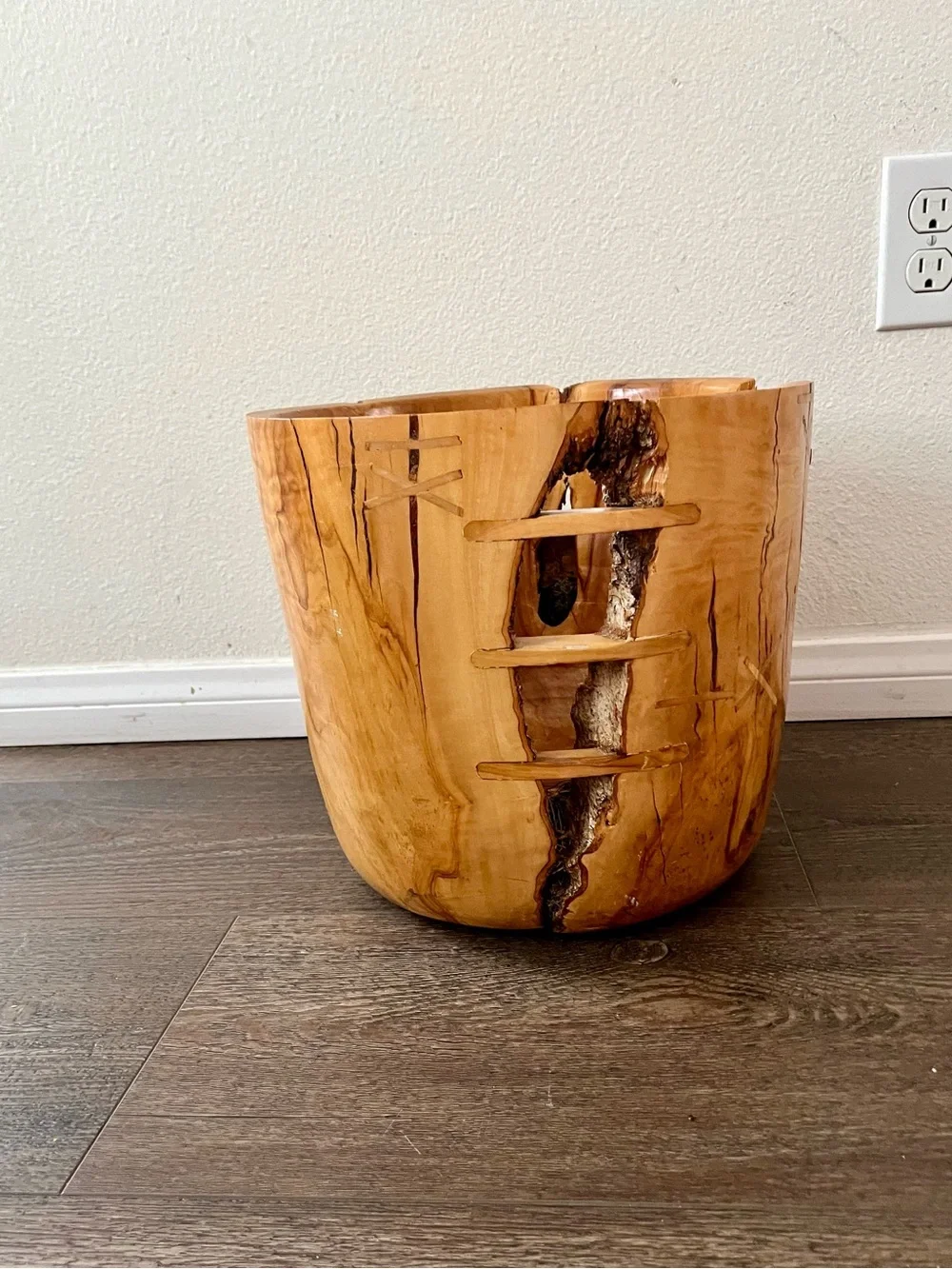 Hand-Carved Natural Wood Accent Planter - Honey Brown